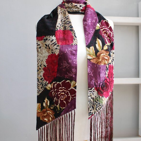 Chico's Accessories - Chico's Vintage Y2K Black Multicolor Patchwork Floral Beaded Silk Fringe Scarf